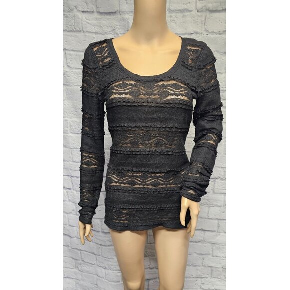 EXPRESS S BLACK FLORAL LACE SEMI SHEER LONG SLEEVE BLOUSE TOP - Picture 1 of 12